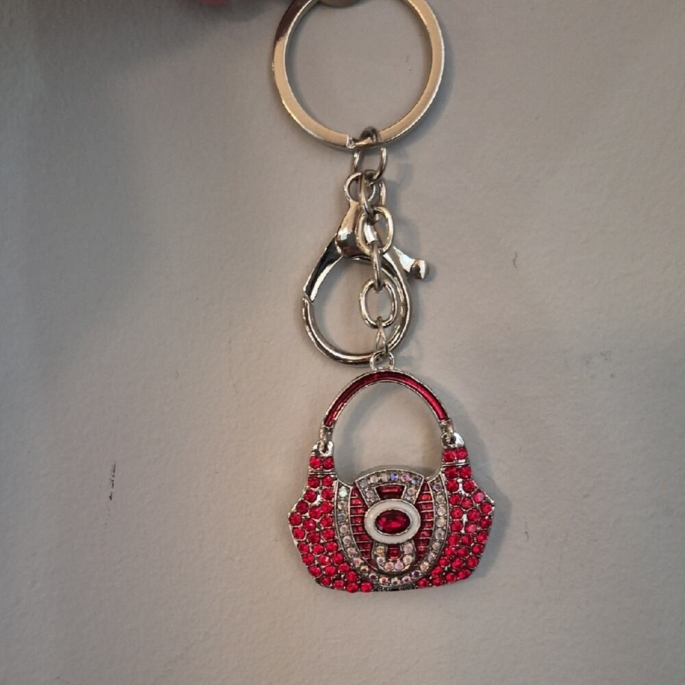 Purse Shaped Bag Charm Key Charm Red and Silver Handbag Keychain - Picture 6 of 8